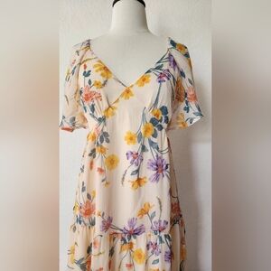Floral V-Neck Tiered Maxi Dress in Cream with Yellow & Purple Flowers